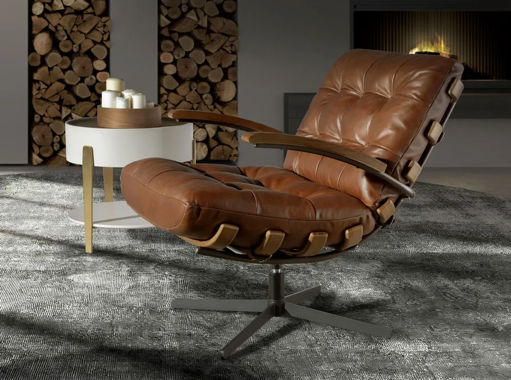 Lounge chairs - Dark brown leather and walnut swivel armchair - ANGEL CERDÁ
