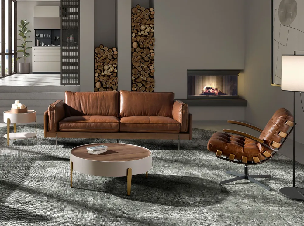 Lounge chairs - Dark brown leather and walnut swivel armchair - ANGEL CERDÁ