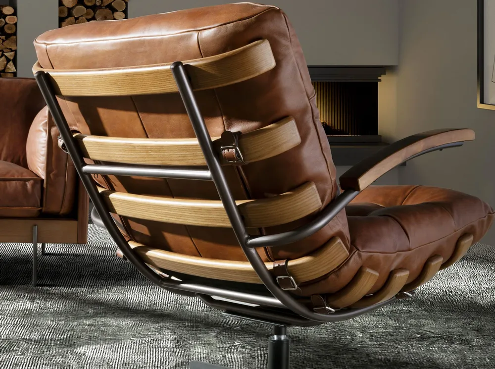Lounge chairs - Dark brown leather and walnut swivel armchair - ANGEL CERDÁ