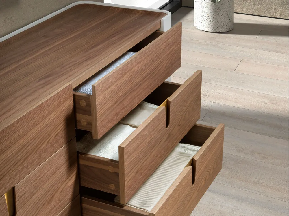 Chests of drawers - Chest of drawers beige wood, golden polished steel and walnut top - ANGEL CERDÁ