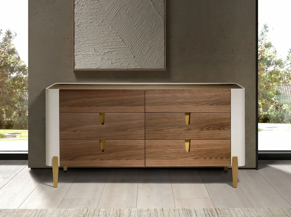 Chests of drawers - Chest of drawers beige wood, golden polished steel and walnut top - ANGEL CERDÁ