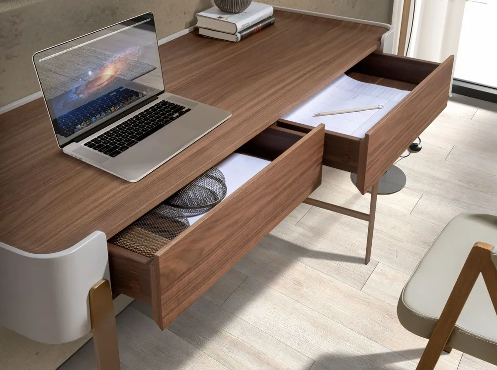 Desks - Desk in walnut, beige and golden polished steel - ANGEL CERDÁ