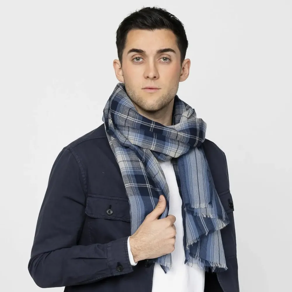 Foulards et écharpes - Écharpe écossaise en laine LAZARE bleu - MONSIEUR CHARLI