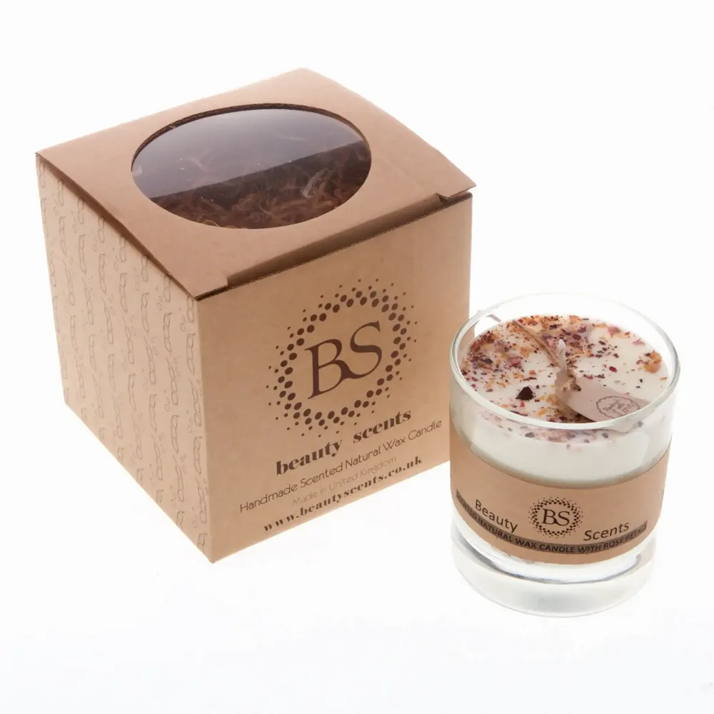 Bougies - Grande bougie parfumée au soja avec pétales de rose dans un récipient en verre, boîte de 6, Champagne et roses - BEAUTY SCENTS CANDLES