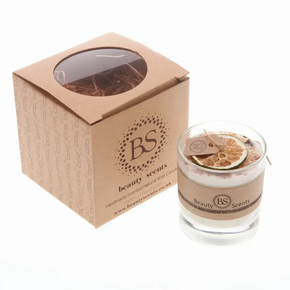 Candles - Large Scented Soy Candle With Shredded Cinnamon In Glass Container box of 6, Lime & Cinnamon - BEAUTY SCENTS CANDLES