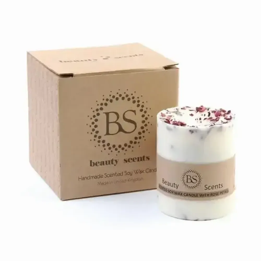 Bougies - Bougie parfumée moyenne en cire de soja avec pétales de rose, boîte de 6, Champagne et roses - BEAUTY SCENTS CANDLES
