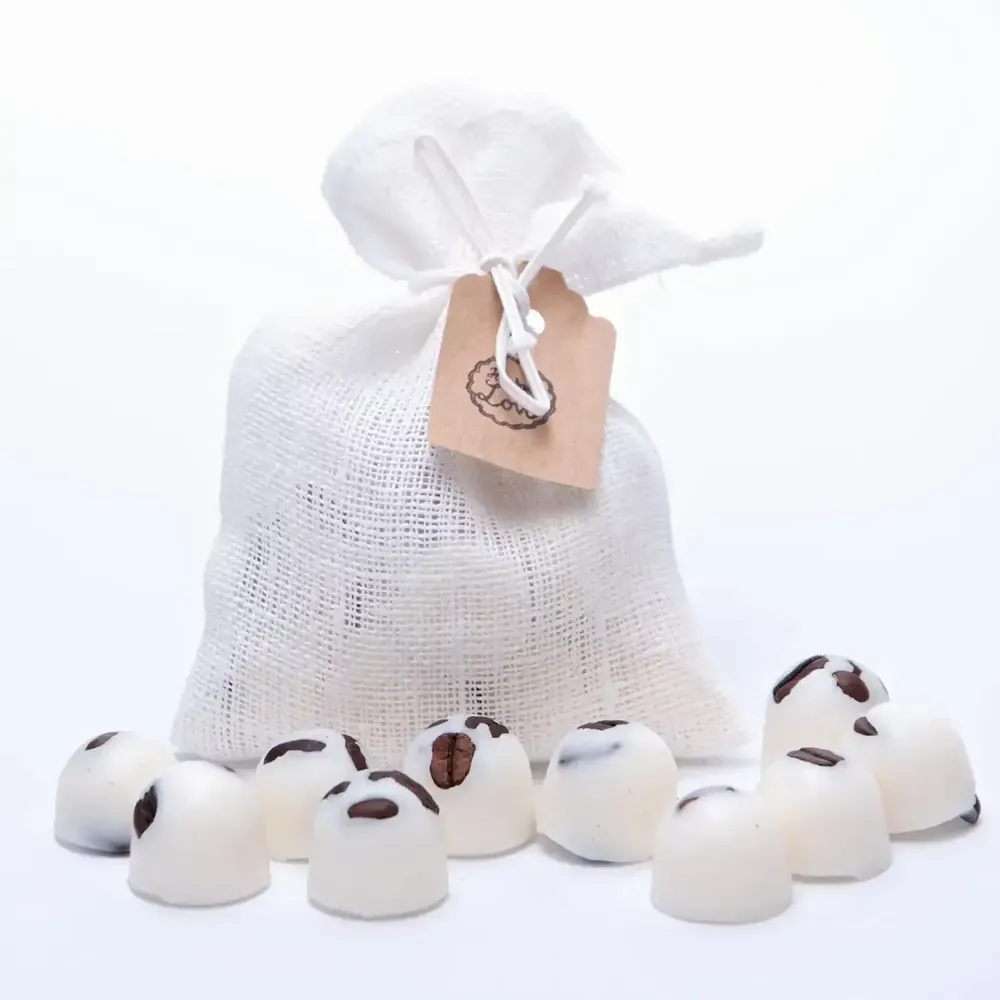 Candles - Scented Natural Wax Melts in Linen Bag of 10 each, Vanilla & Coffee, grey bag - BEAUTY SCENTS CANDLES