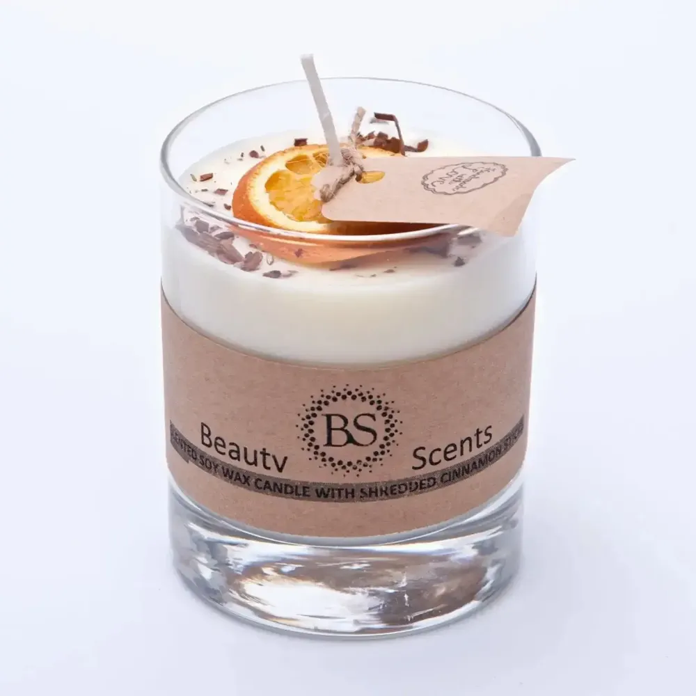 Bougies - Petite bougie parfumée à la cire de soja avec cannelle râpée dans un récipient en verre, boîte de 6, orange et cannelle - BEAUTY SCENTS CANDLES