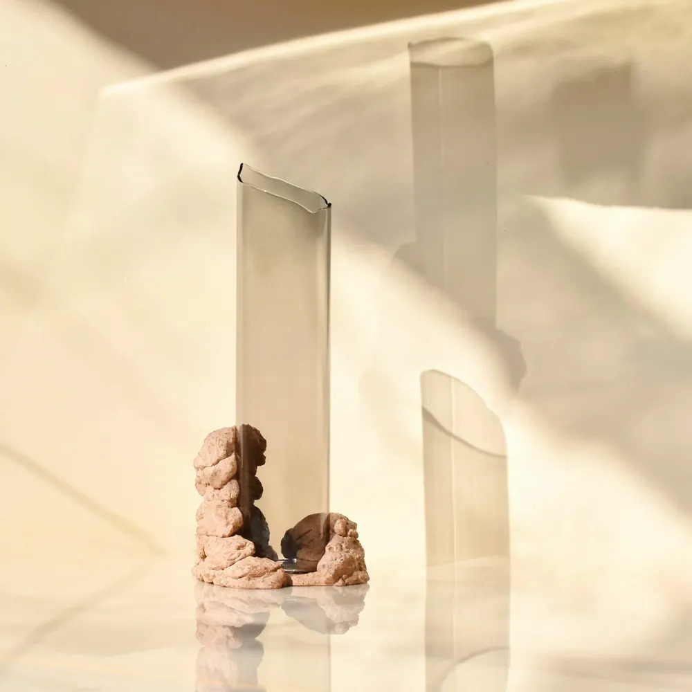 Vases - CATHARSIS, Sculptural Statement Vase in glass and stone, Dusty Coral - COKI