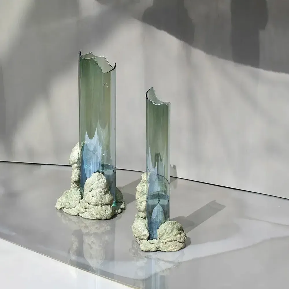 Vases - CATHARSIS, Sculptural Statement Vase in glass and stone, Dusty Coral - COKI