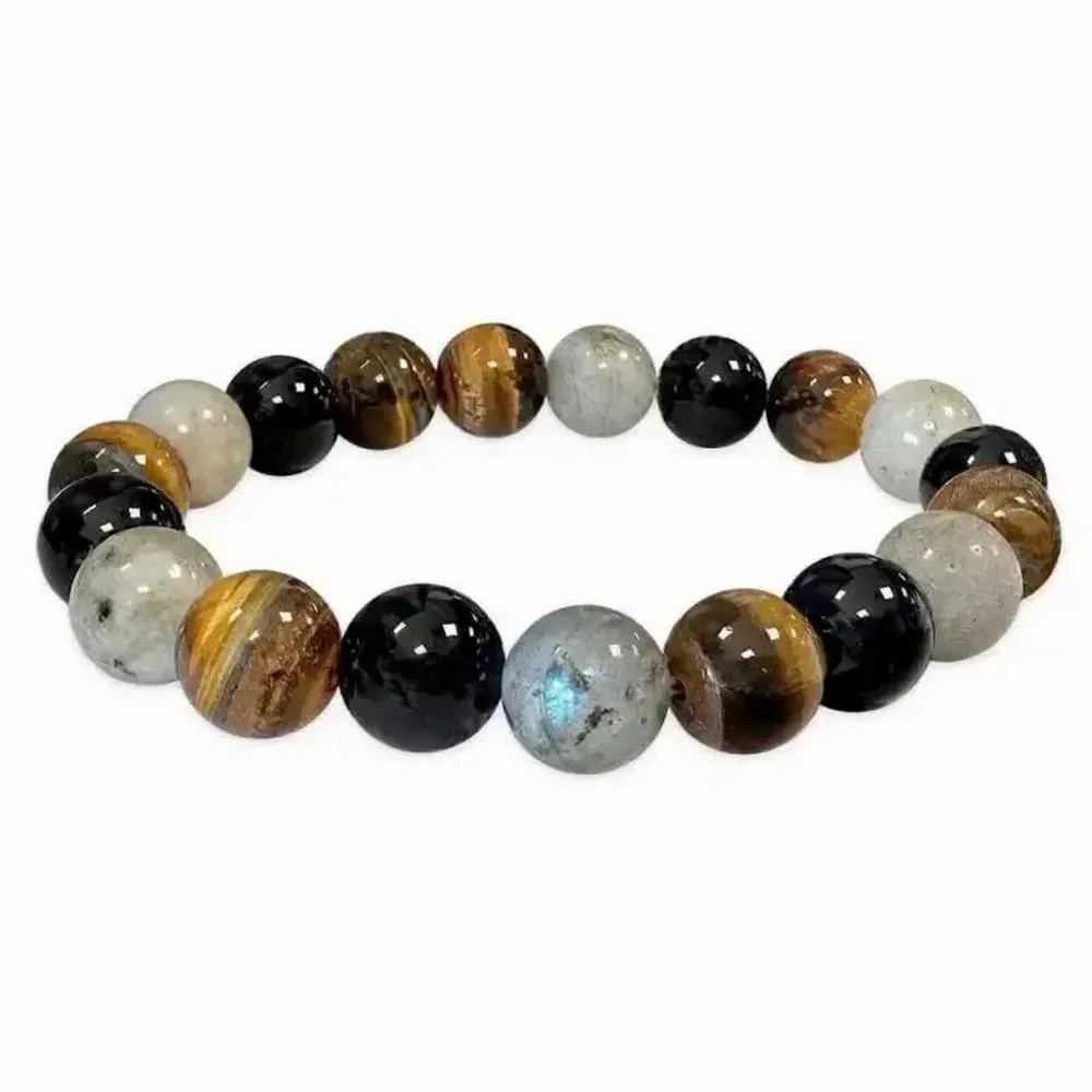 Bracelets - 10mm pearls Labradorite Onyx & Tiger eye bracelet - ARABESK
