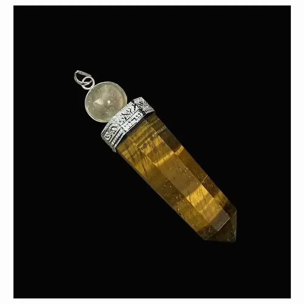 Jewelry - Tiger's eye and Rock Crystal  healing wand Pendant 7cm - ARABESK