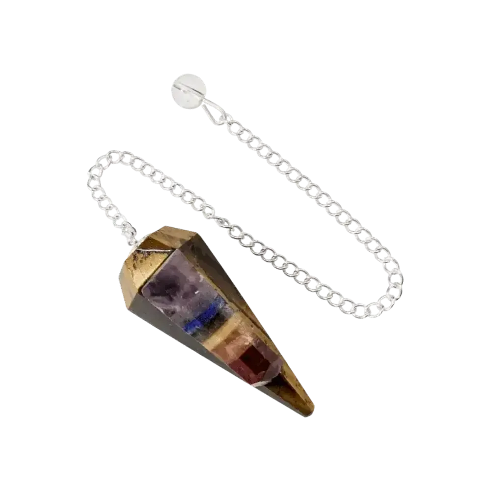 Bijoux - Pendule Œil du Tigre & Sept Chakras conique 6 faces - ARABESK