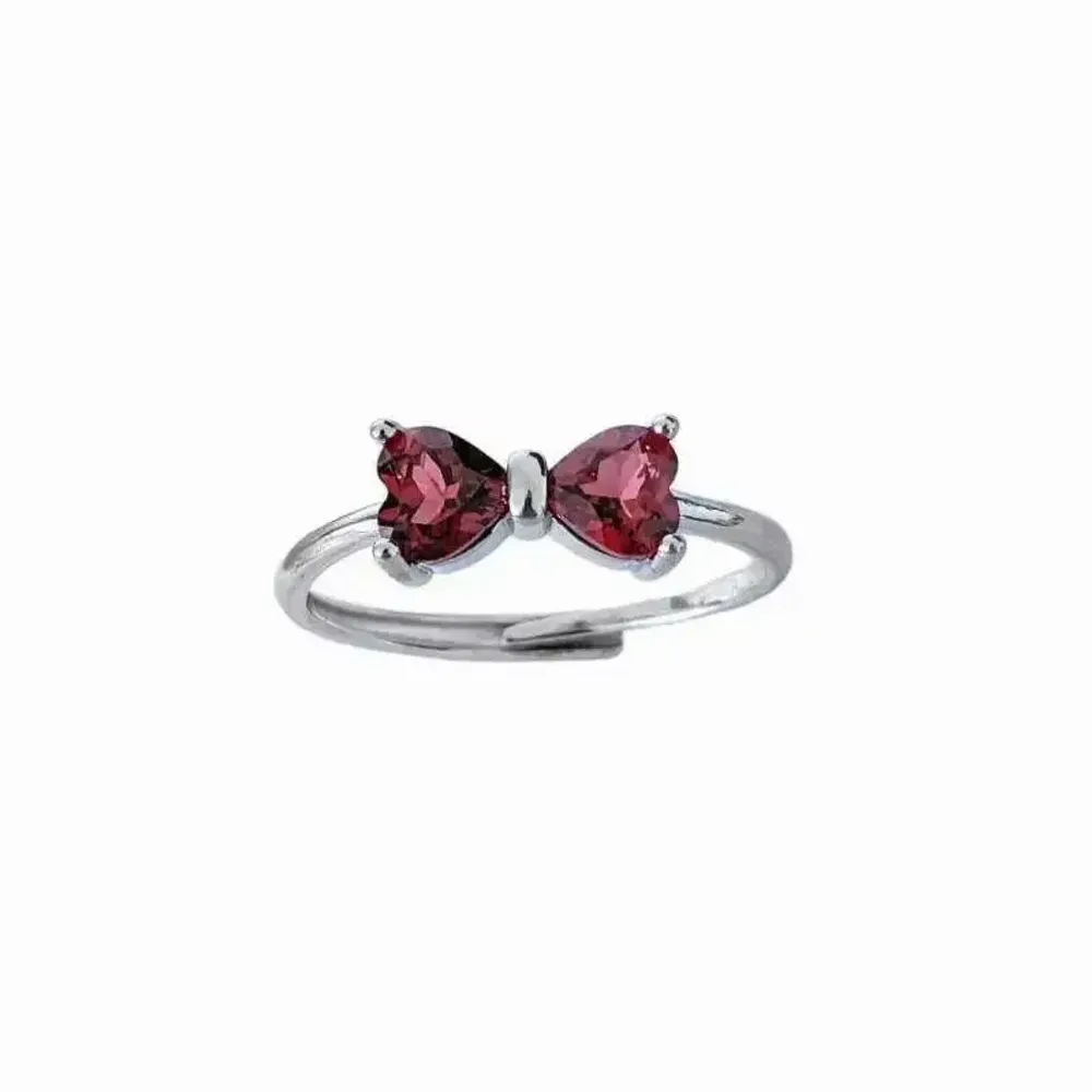 Bijoux - Bague en Cuivre Blanc Ajustable Nœud Papillon Cœur Grenat Rouge AAA - ARABESK