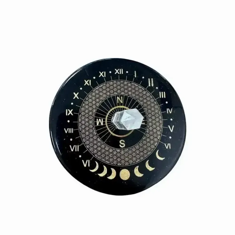 Bijoux - Plaque Onyx noir fleur de vie avec cristal de roche 8cm - ARABESK