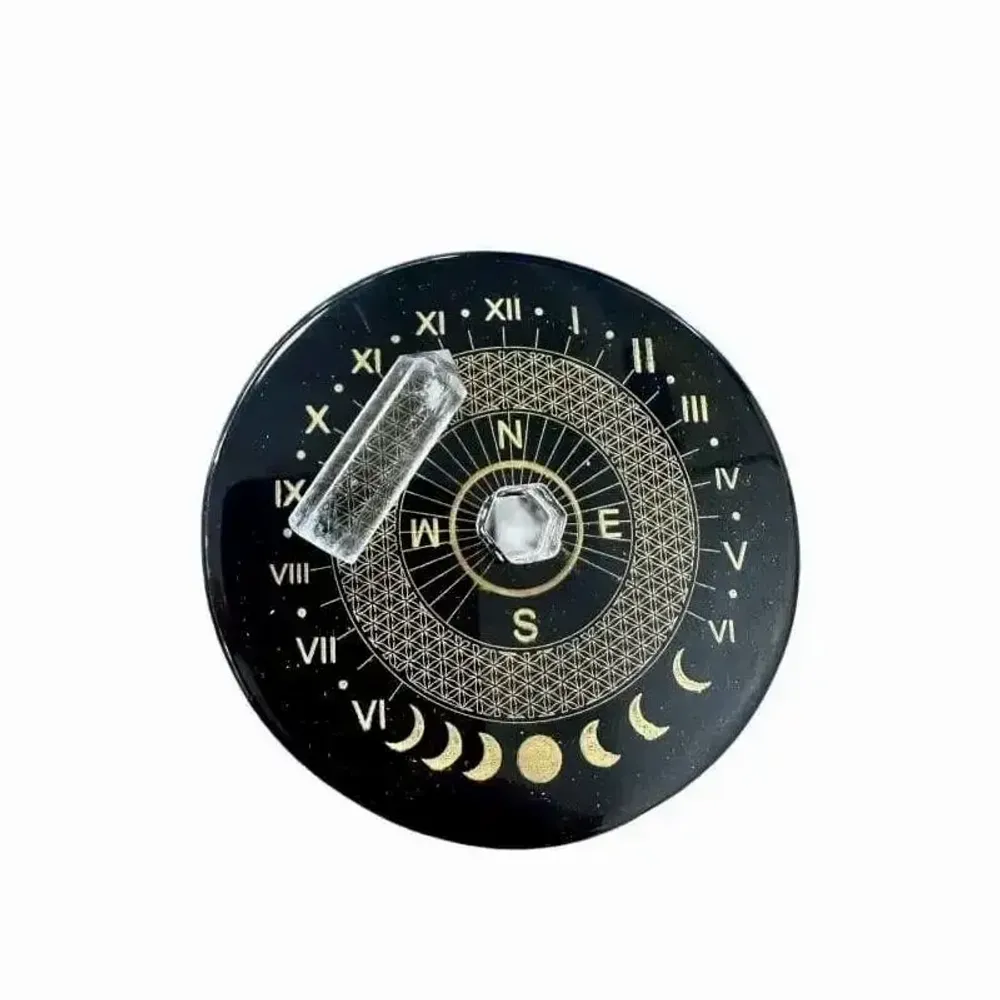 Bijoux - Plaque Onyx noir fleur de vie avec cristal de roche 8cm - ARABESK