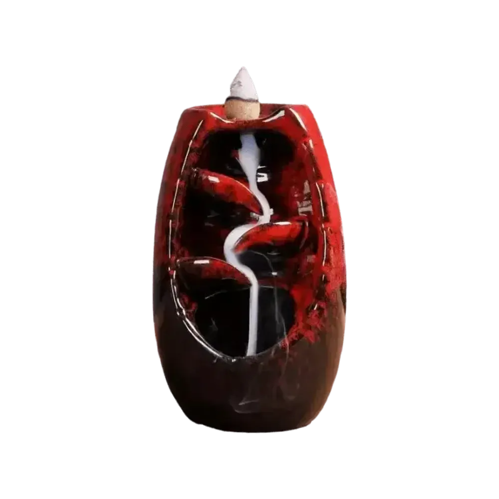 Scents - Red Ceramic Backflow Incense Holder Cascade of Leaves 13cm - ARABESK