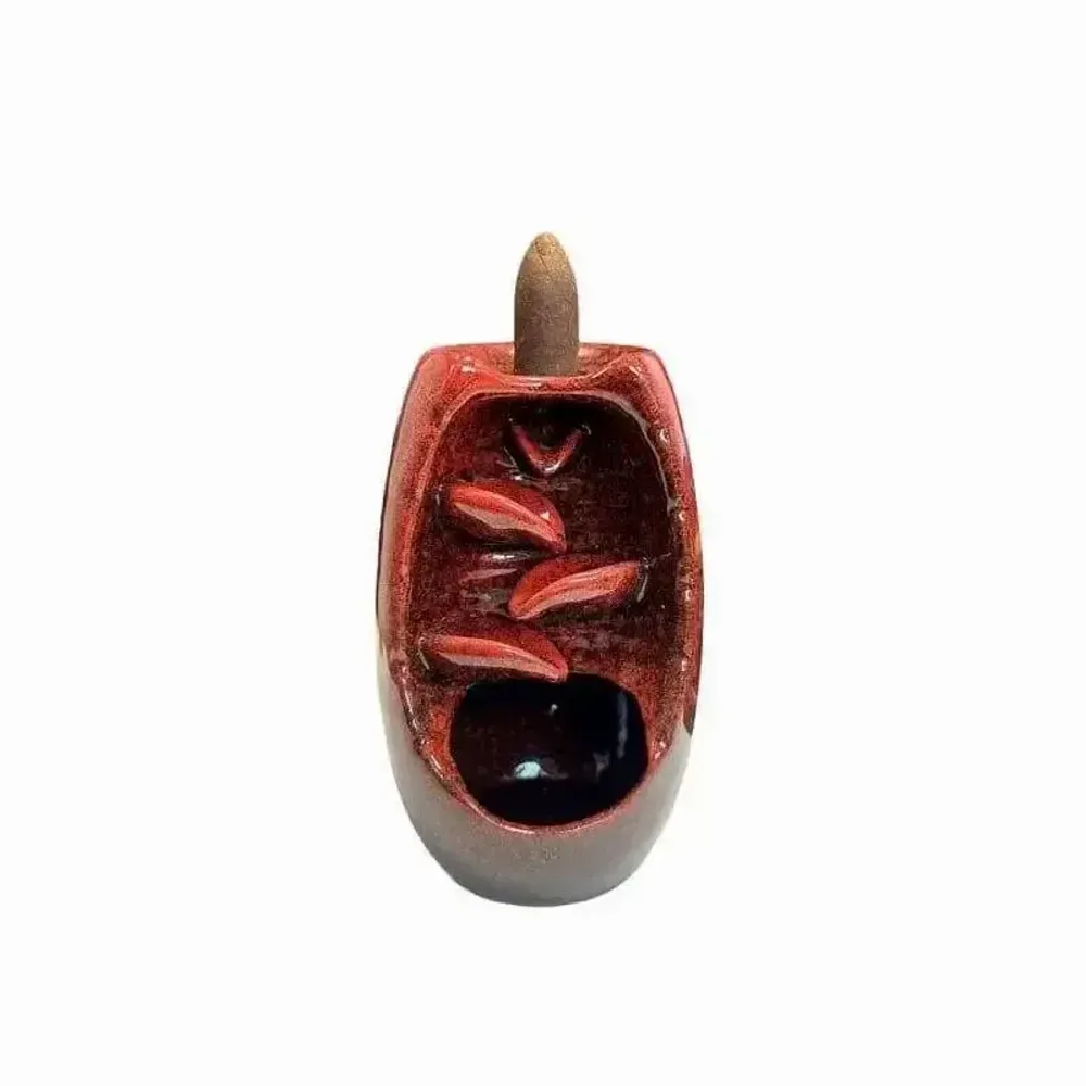 Scents - Red Ceramic Backflow Incense Holder Cascade of Leaves 13cm - ARABESK