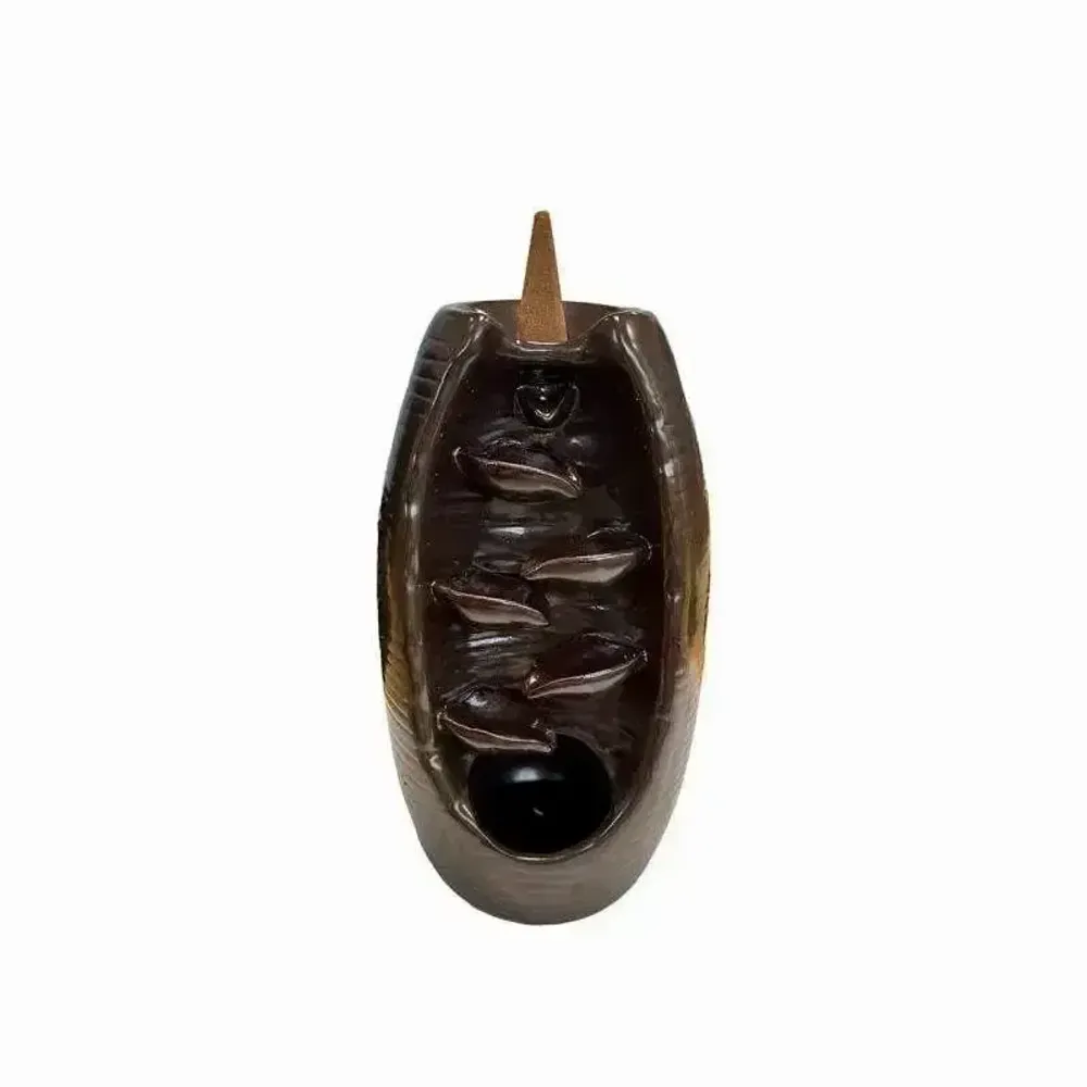 Senteurs - Porte Encens Backflow Céramique Marron-Doré Cascade de Feuilles 20cm - ARABESK