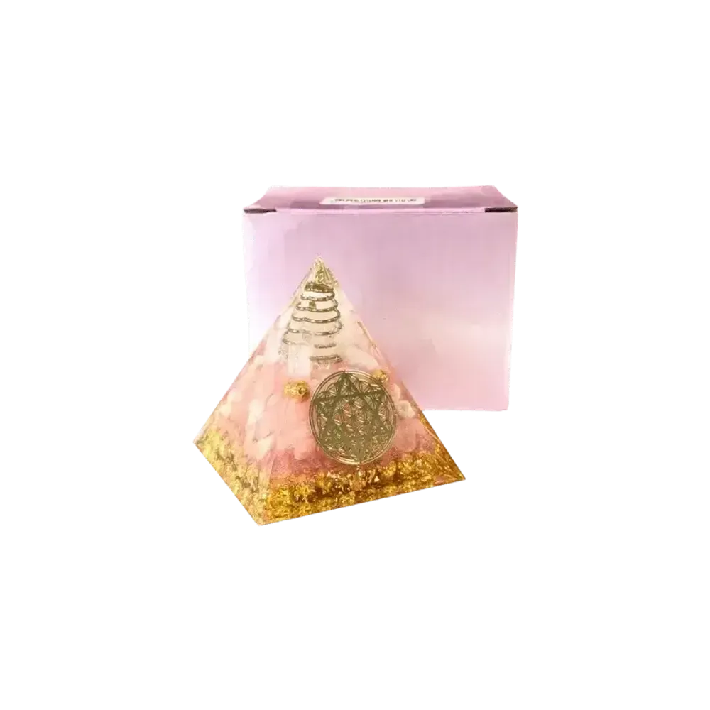 Bijoux - Orgonite Pyramide Cristal de Roche & Quartz Rose Fleur de Vie Pentacle - ARABESK