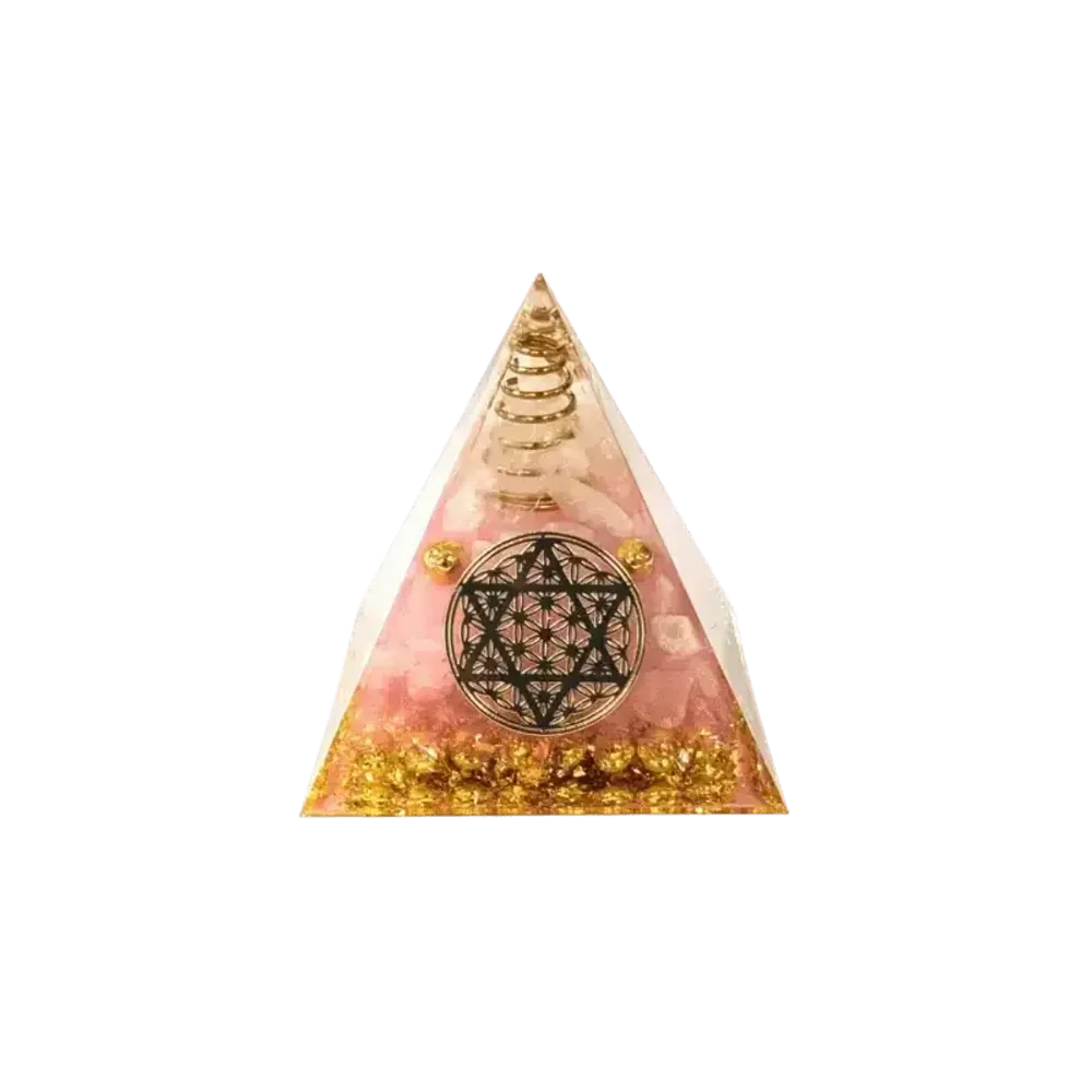 Bijoux - Orgonite Pyramide Cristal de Roche & Quartz Rose Fleur de Vie Pentacle - ARABESK