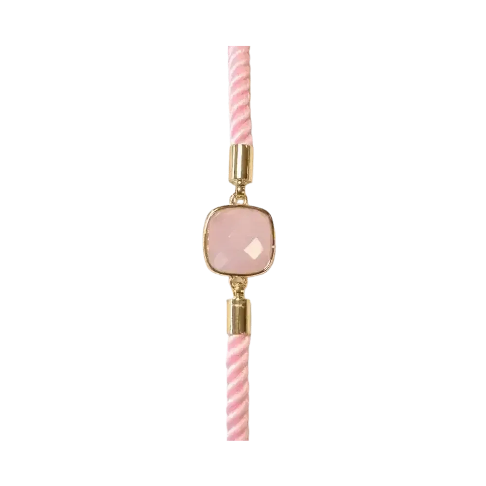 Bracelets - Faceted Square Rose Quartz Brass Rope Bracelet 11mm - ARABESK