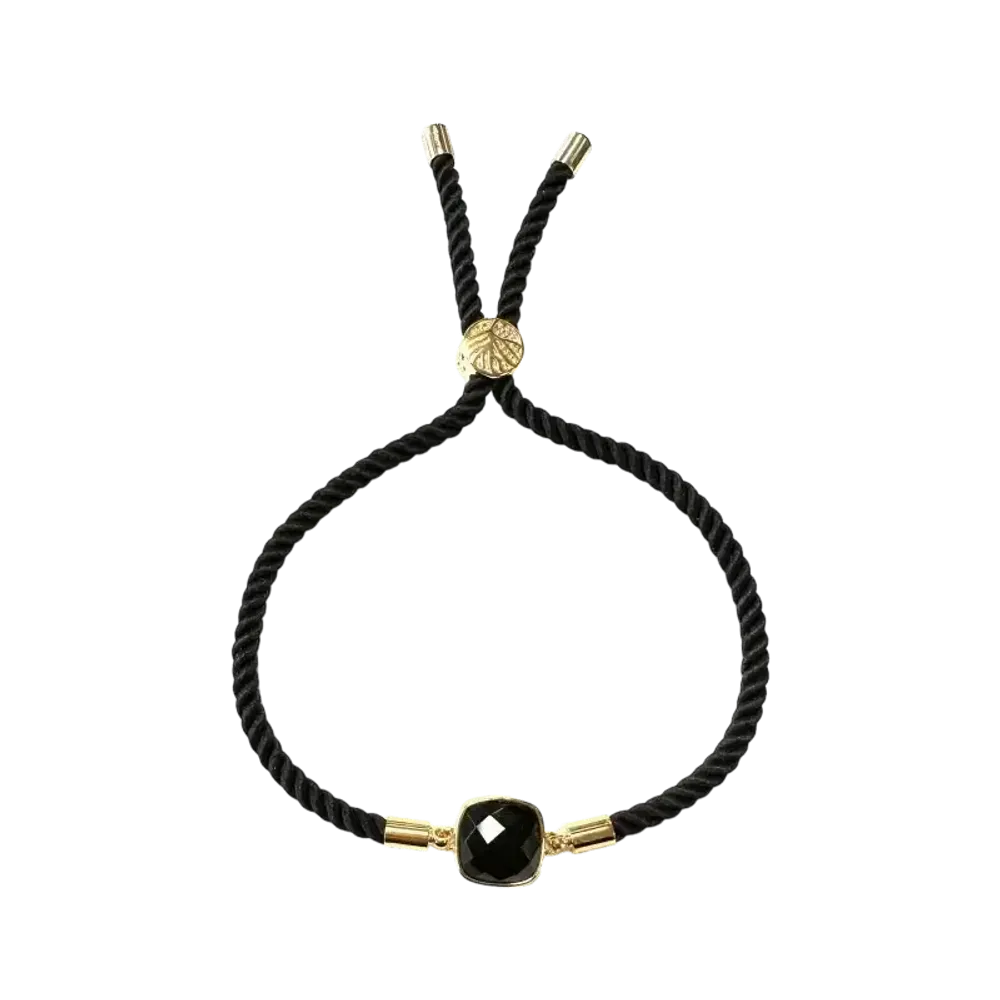 Bracelets - Bracelet Corde Laiton Obsidienne Noire Carré Facetté 11mm - ARABESK