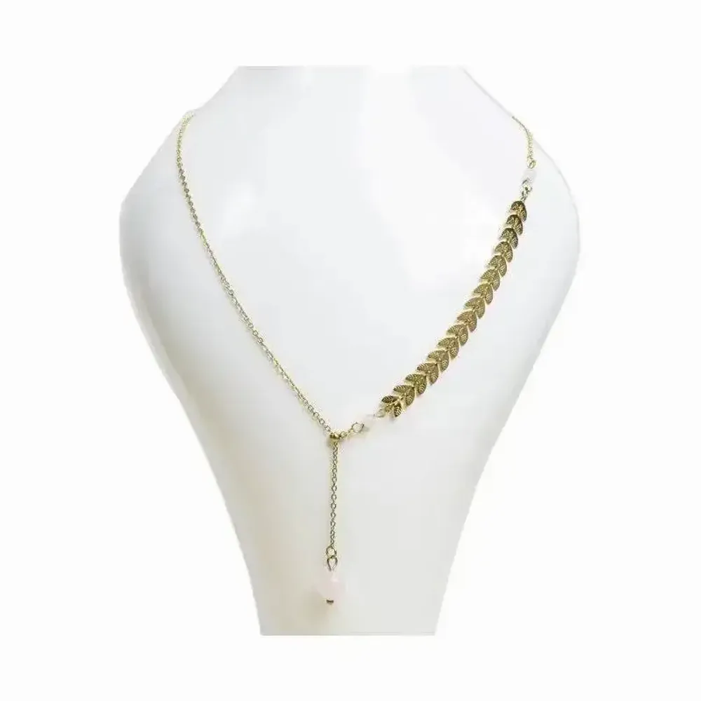 Jewelry - Gold Feather Chain Necklace in Y Shape Stainless Steel Rose Quartz A 8mm - ARABESK