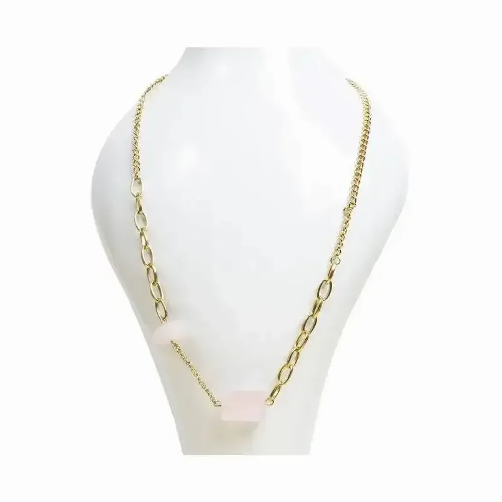 Bijoux - Collier Acier Inoxydable Doré Quartz Rose A - ARABESK