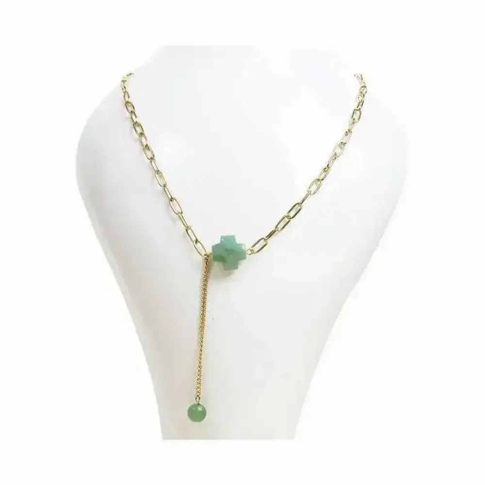 Bijoux - Collier Chaine Acier Inoxydable Doré Pendentif Croix Aventurine Verte A Facettée - ARABESK