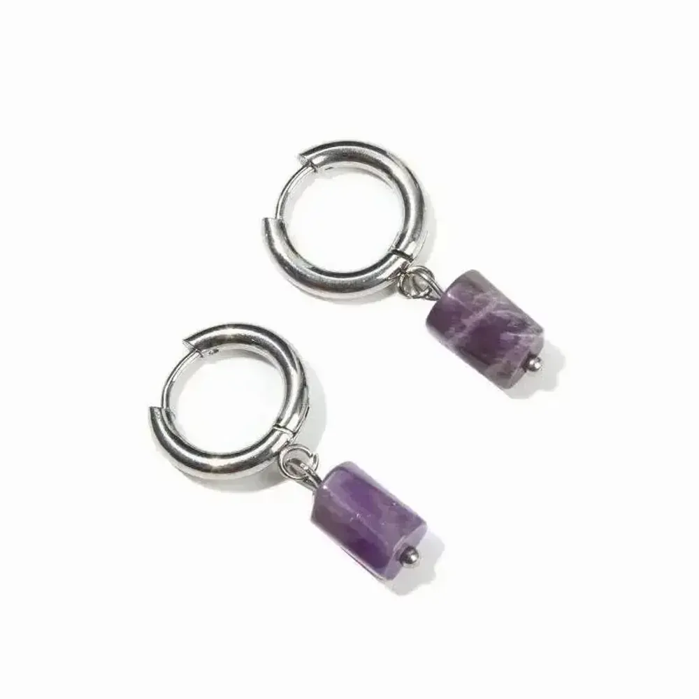 Jewelry - Amethyst Stainless Steel Silver Cylinder Earrings A 11mm - ARABESK