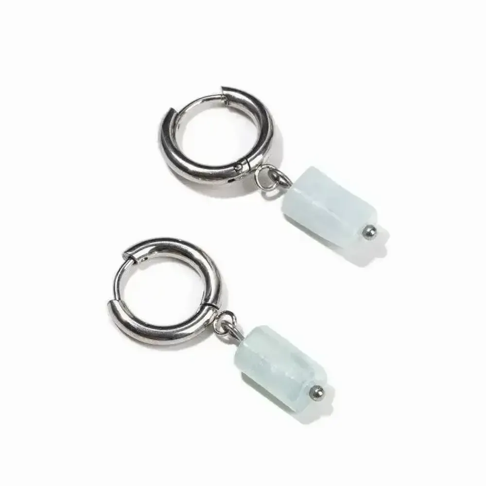 Bijoux - Boucles d'Oreilles Cylindre Argentées en Acier Inoxydable Aigue Marine A 11mm - ARABESK