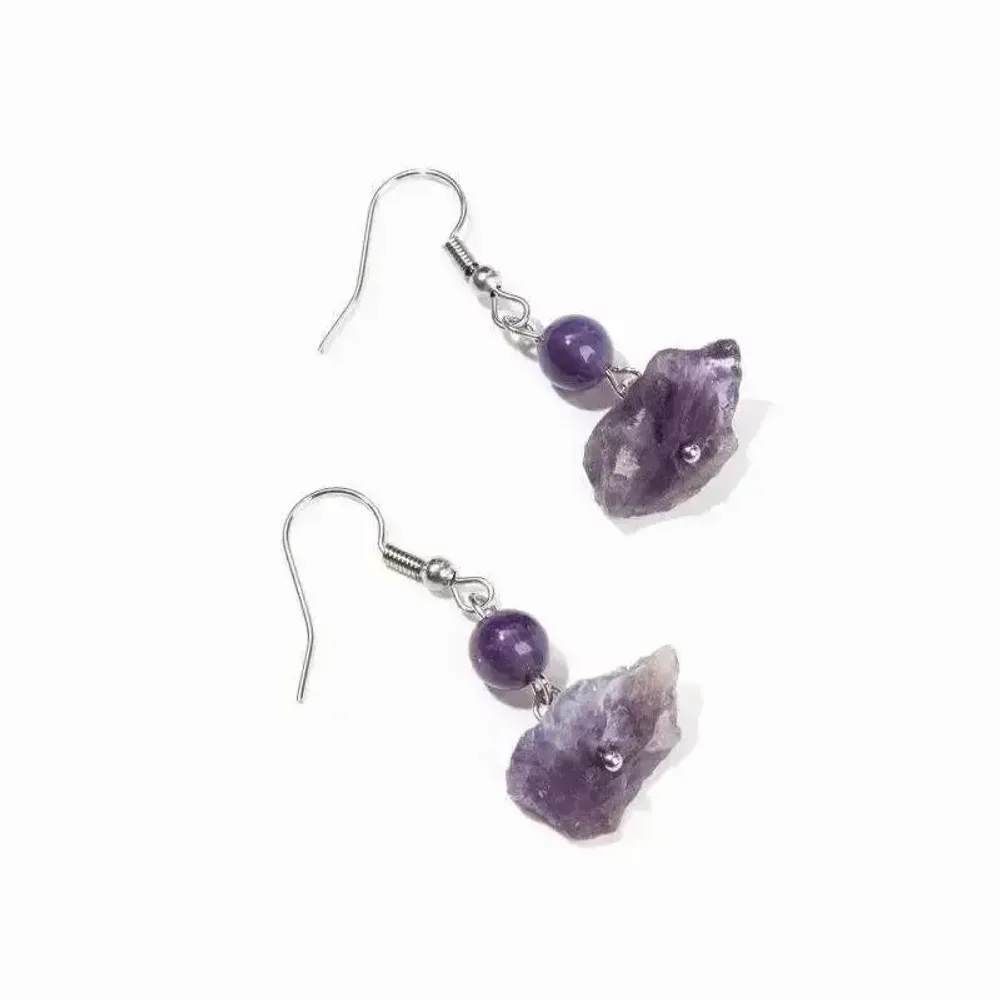 Bijoux - Boucles d'Oreilles Argentées en Acier Inoxydable Améthyste Brute A 3.5cm - ARABESK