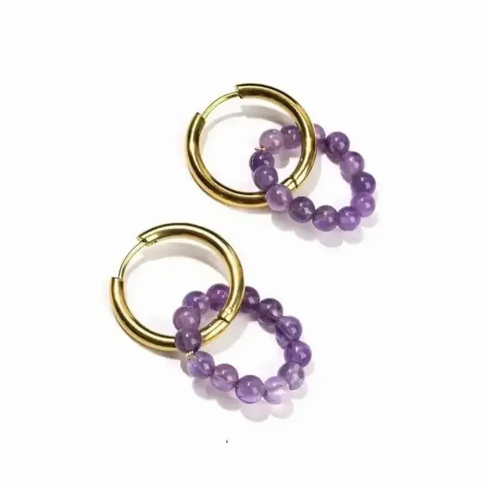 Bijoux - Boucles d'Oreilles Créoles Dorées en Acier Inoxydable Améthyste A 3.5cm - ARABESK