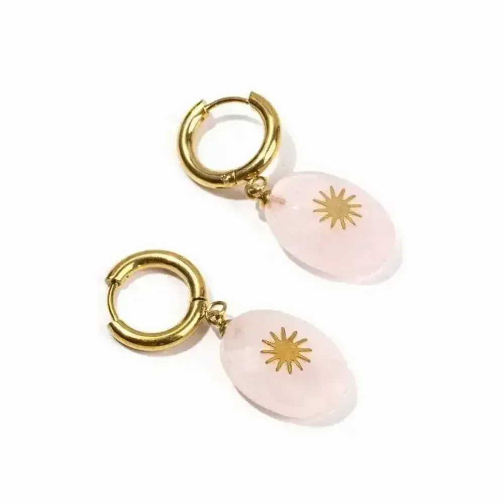 Jewelry - Gold Earrings in Stainless Steel Rose Quartz Oval Faceted Sun A 38mm - ARABESK