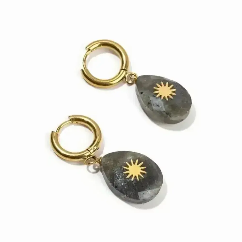 Jewelry - Gold Stainless Steel Labradorite Oval Faceted Sun Earrings 38mm - ARABESK