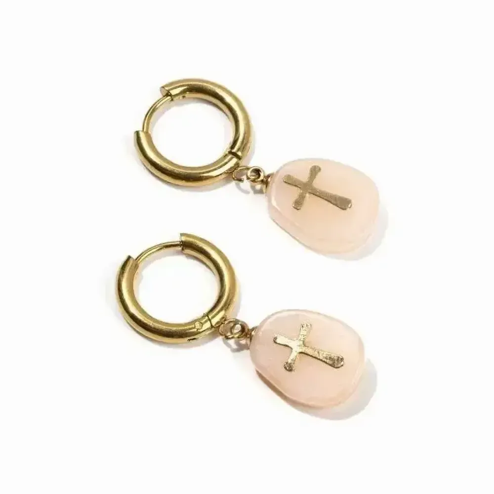 Jewelry - Gold Stainless Steel Aventurine Peach A & Cross Earrings 35mm - ARABESK