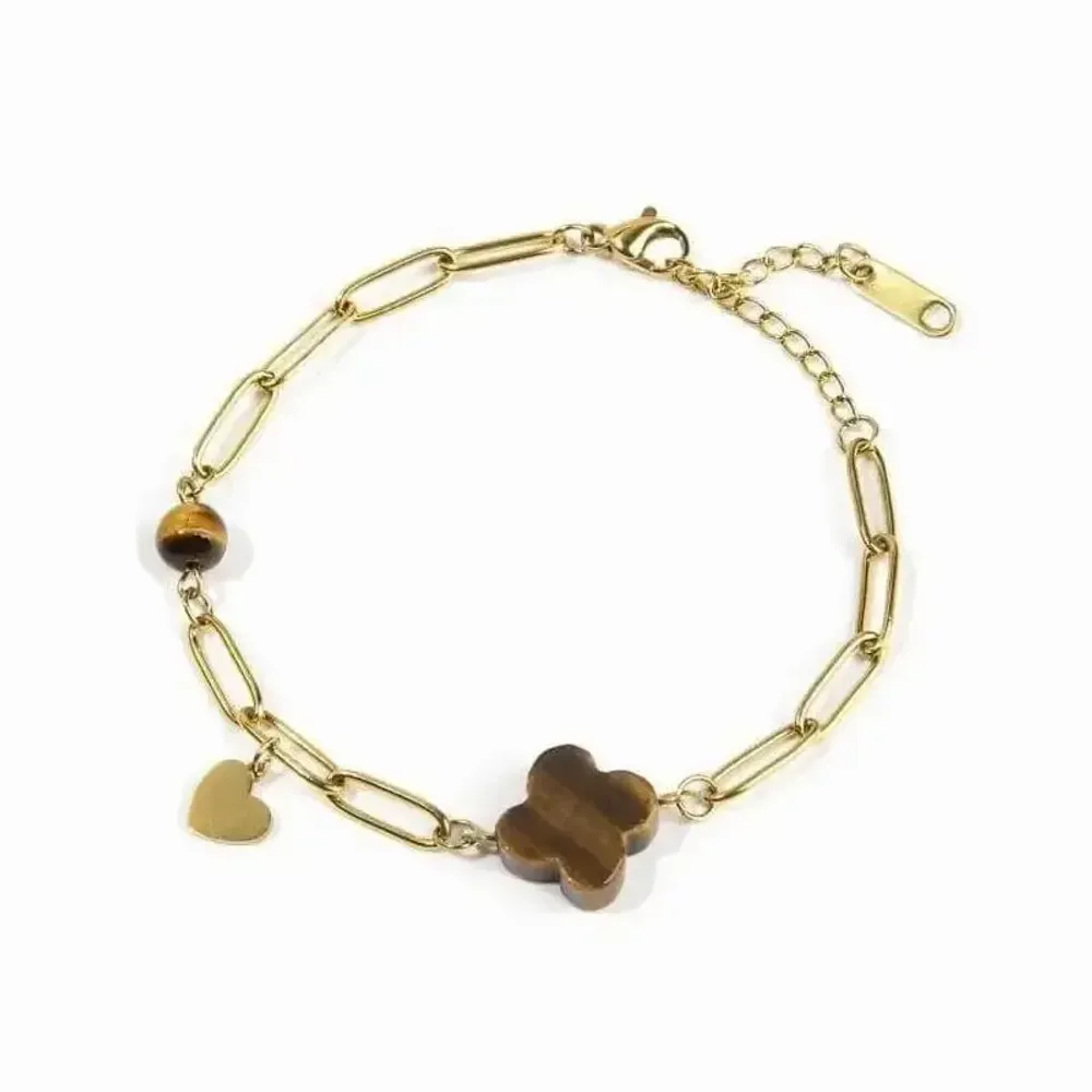 Bracelets - Bracelet Croix Œil de Tigre A & Coeur en Acier Inoxydable Doré 16cm - ARABESK