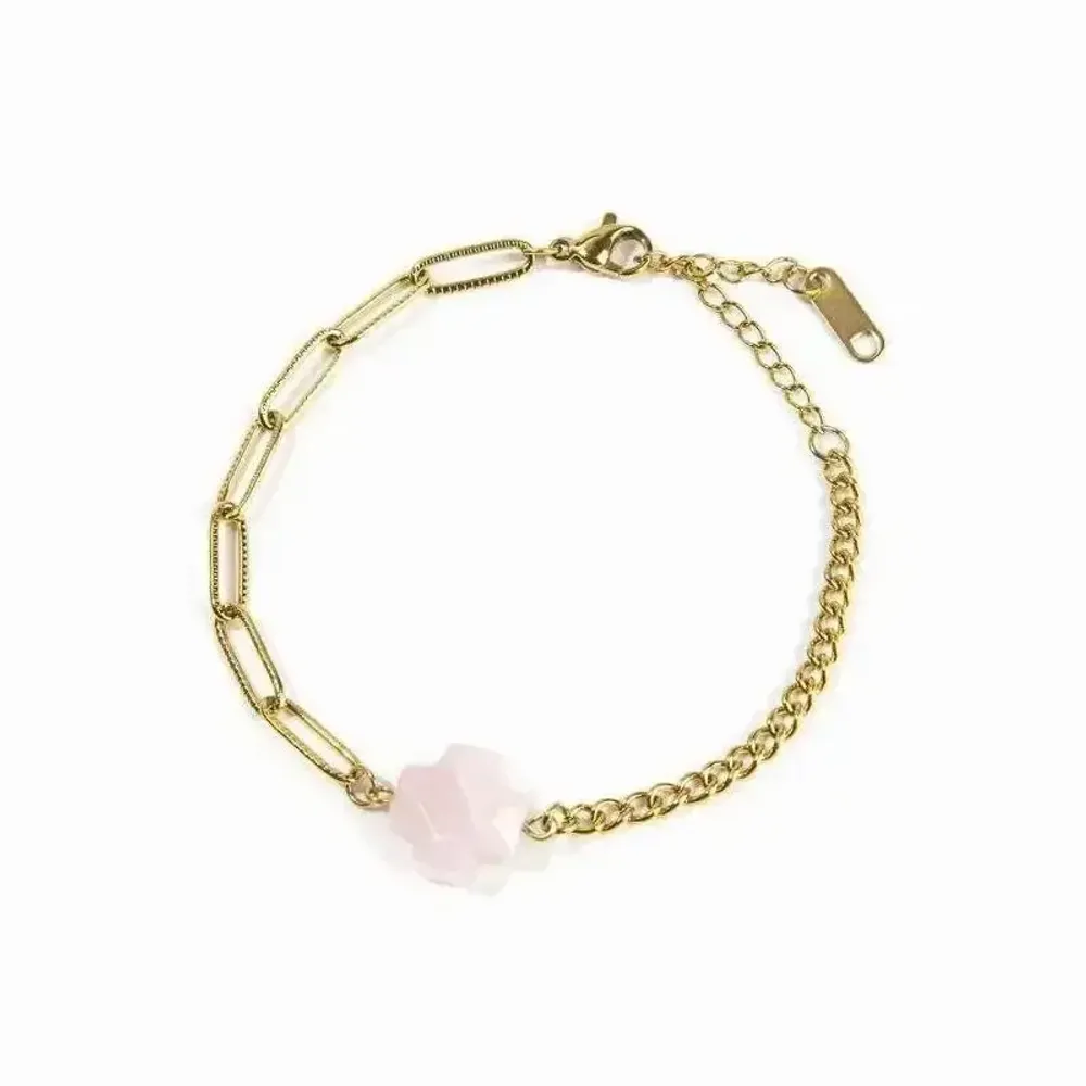 Bracelets - Rose Quartz A Cross Bracelet in Gold Stainless Steel 16cm - ARABESK