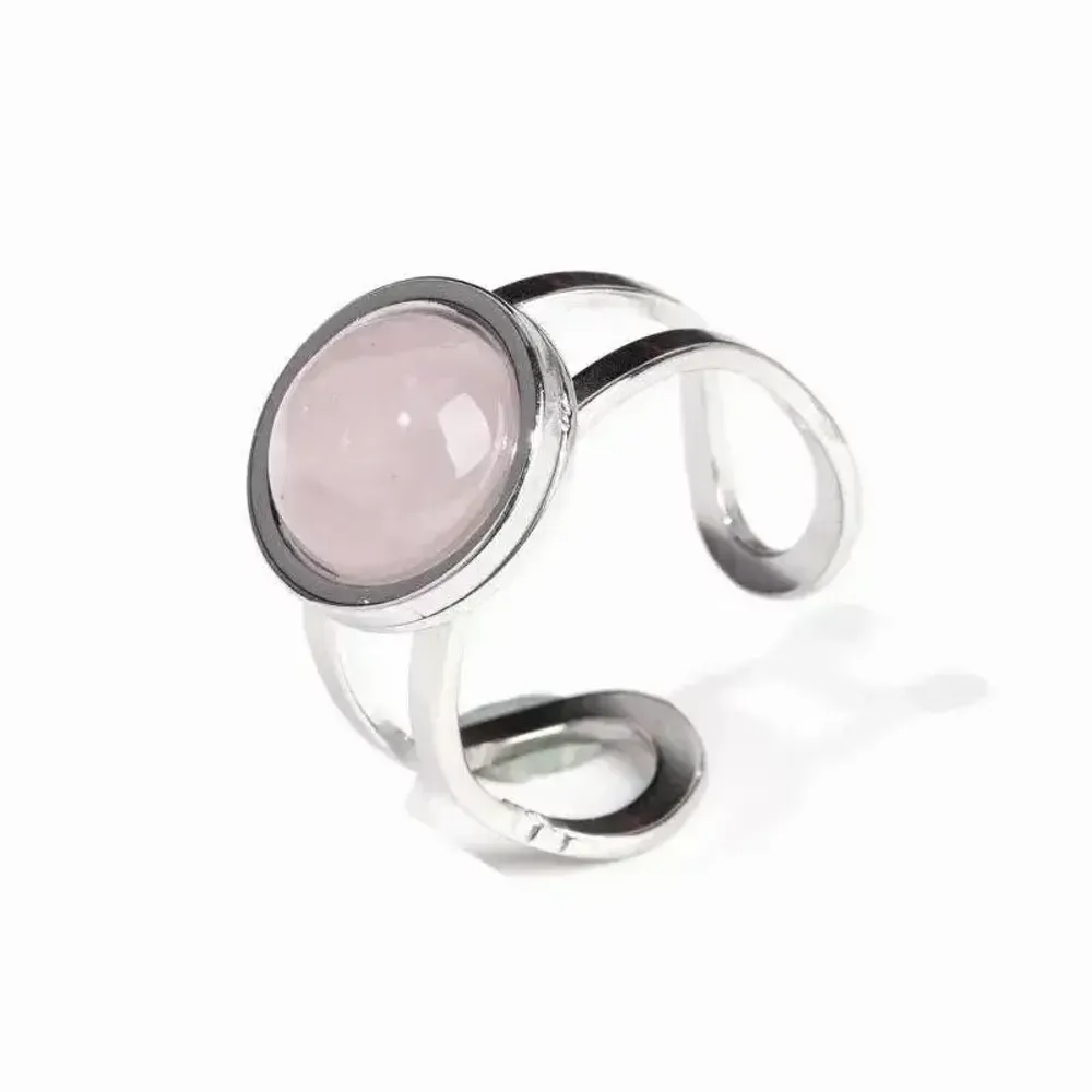 Jewelry - Silver Stainless Steel Ring Round Rose Quartz A - ARABESK