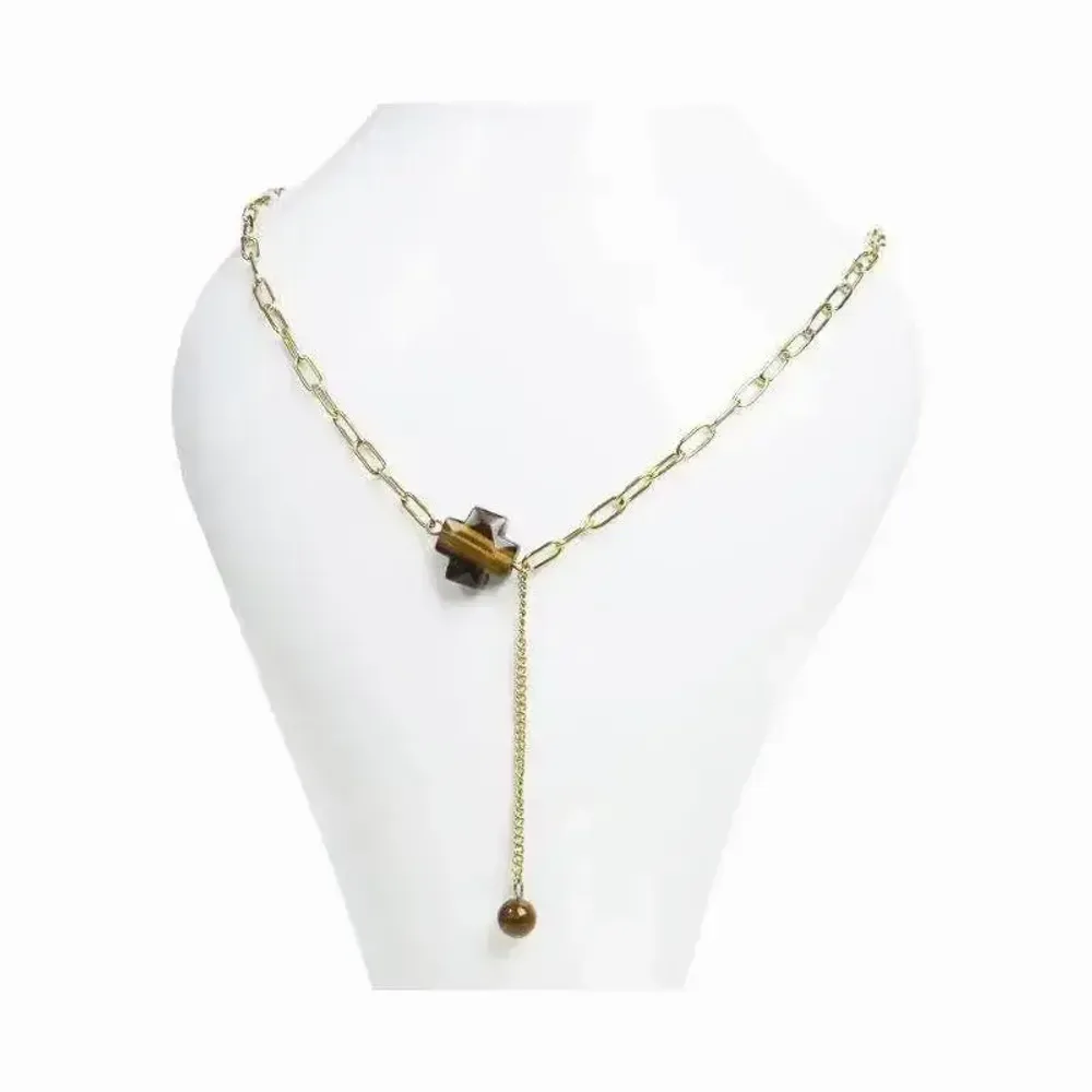 Bijoux - Collier Chaine Acier Inoxydable Doré Pendentif Croix Œil de Tigre A Facettée - ARABESK