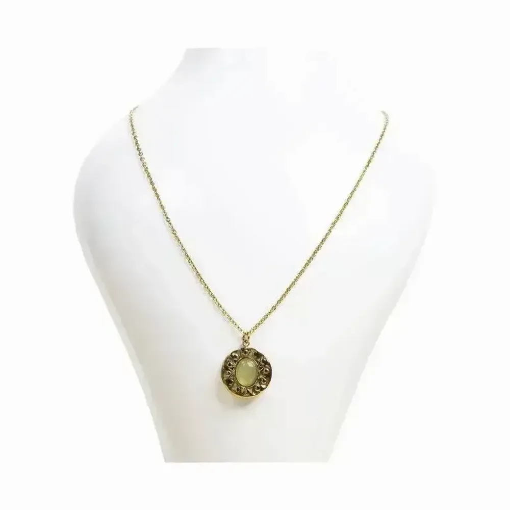Jewelry - Gold Stainless Steel Necklace with Round Green Aventurine Pendant A - ARABESK