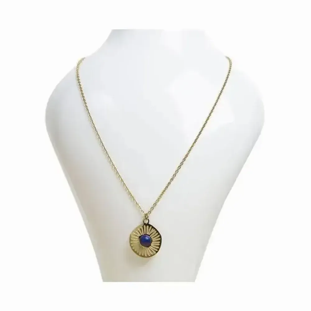 Bijoux - Collier Acier Inoxydable Doré avec Pendentif Rond Soleil Lapis Lazuli A - ARABESK