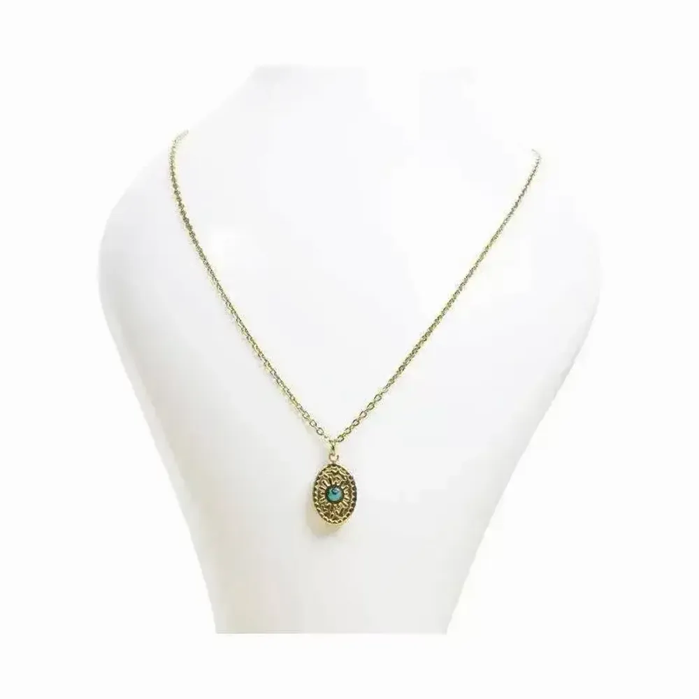 Jewelry - Gold Stainless Steel Chain Necklace with Oval Turquénite Pendant A - ARABESK