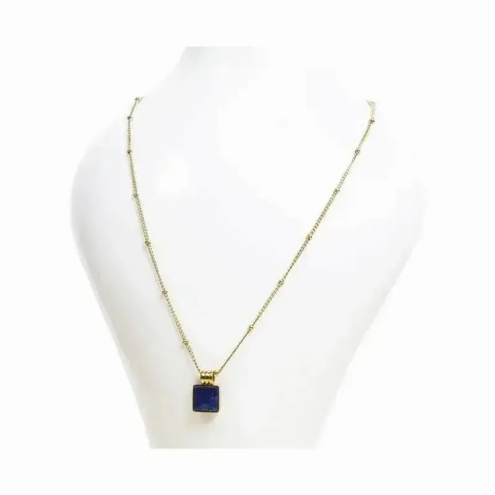 Bijoux - Collier Chaine Acier Inoxydable Doré Pendentif Carré Lapis Lazuli AA - ARABESK