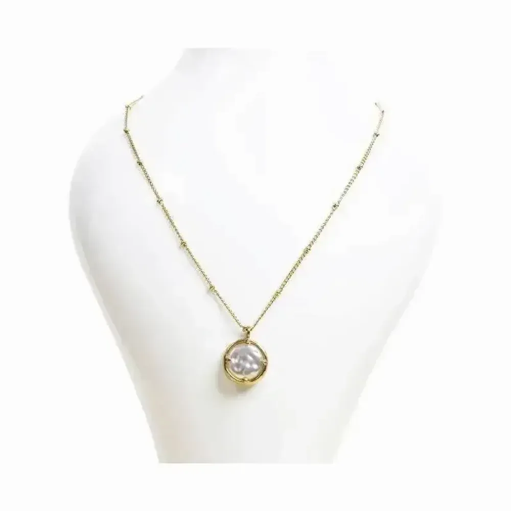 Bijoux - Collier Chaine Acier Inoxydable Doré Pendentif Rond Baroque Perles A - ARABESK