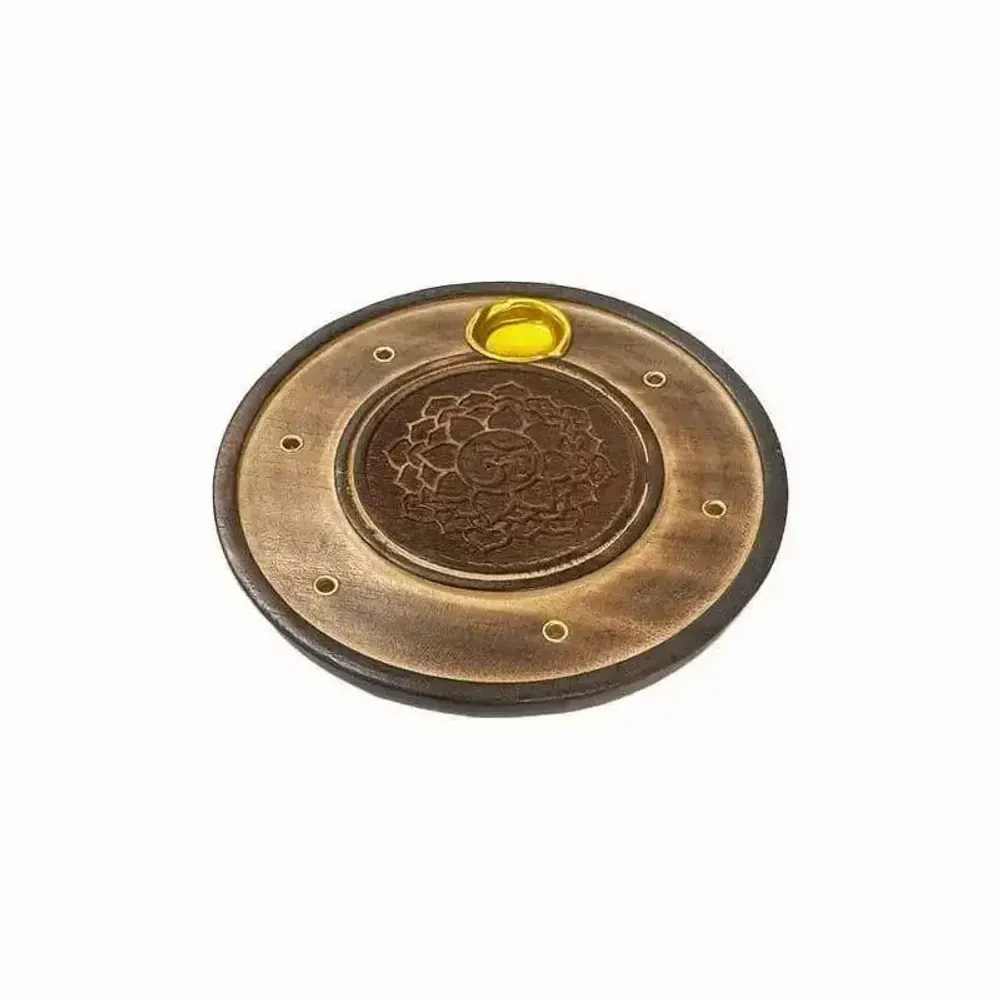 Scents - Chiseled Round Wooden Incense Holder Om and Lotus 10cm x10 - ARABESK