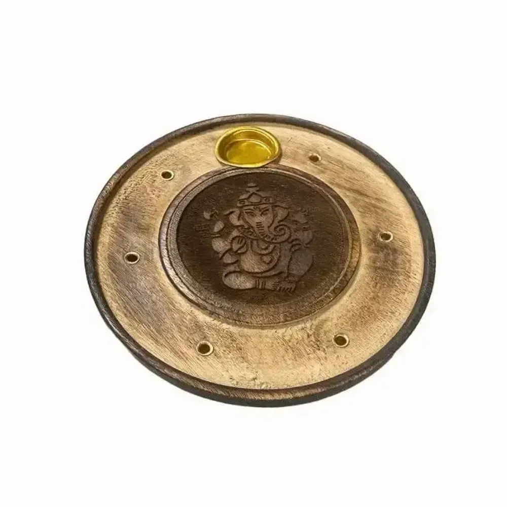 Senteurs - Porte Encens en Bois Rond Ciselé Ganesh 10cm x10 - ARABESK