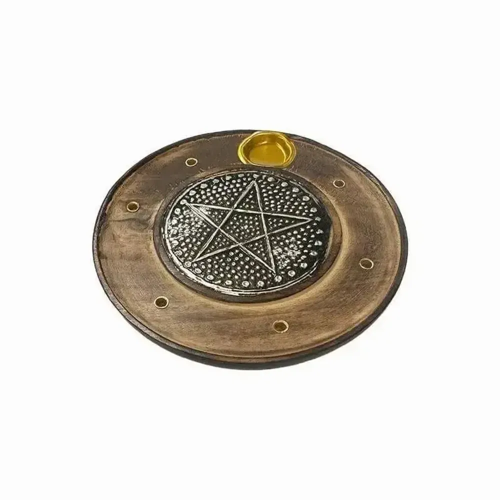 Scents - Round Wooden Incense Holder Pentacle 10cm x10 - ARABESK