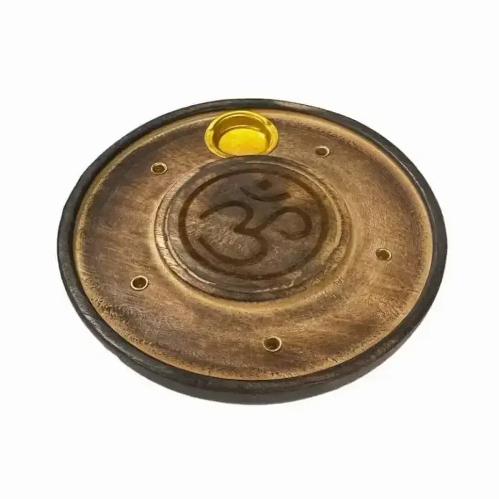Scents - Chiseled Round Wooden Incense Holder Om 10cm x10 - ARABESK